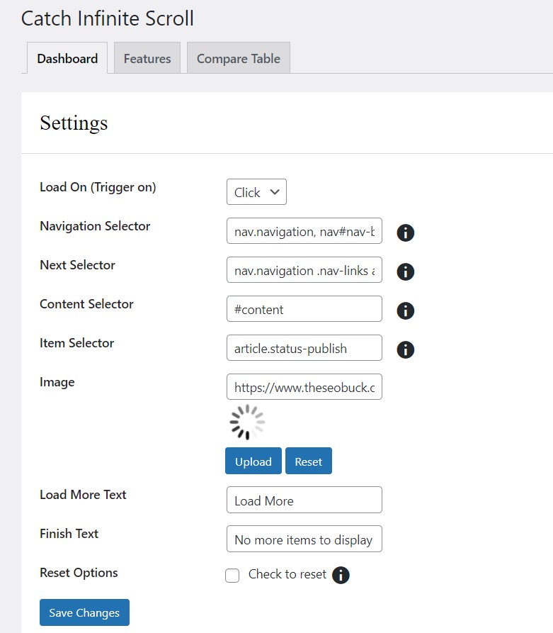 Catch Infinite Scroll Plugin Settings