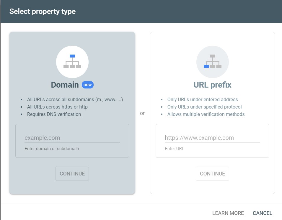 Google Webmaster-Add Property-Select Property Type